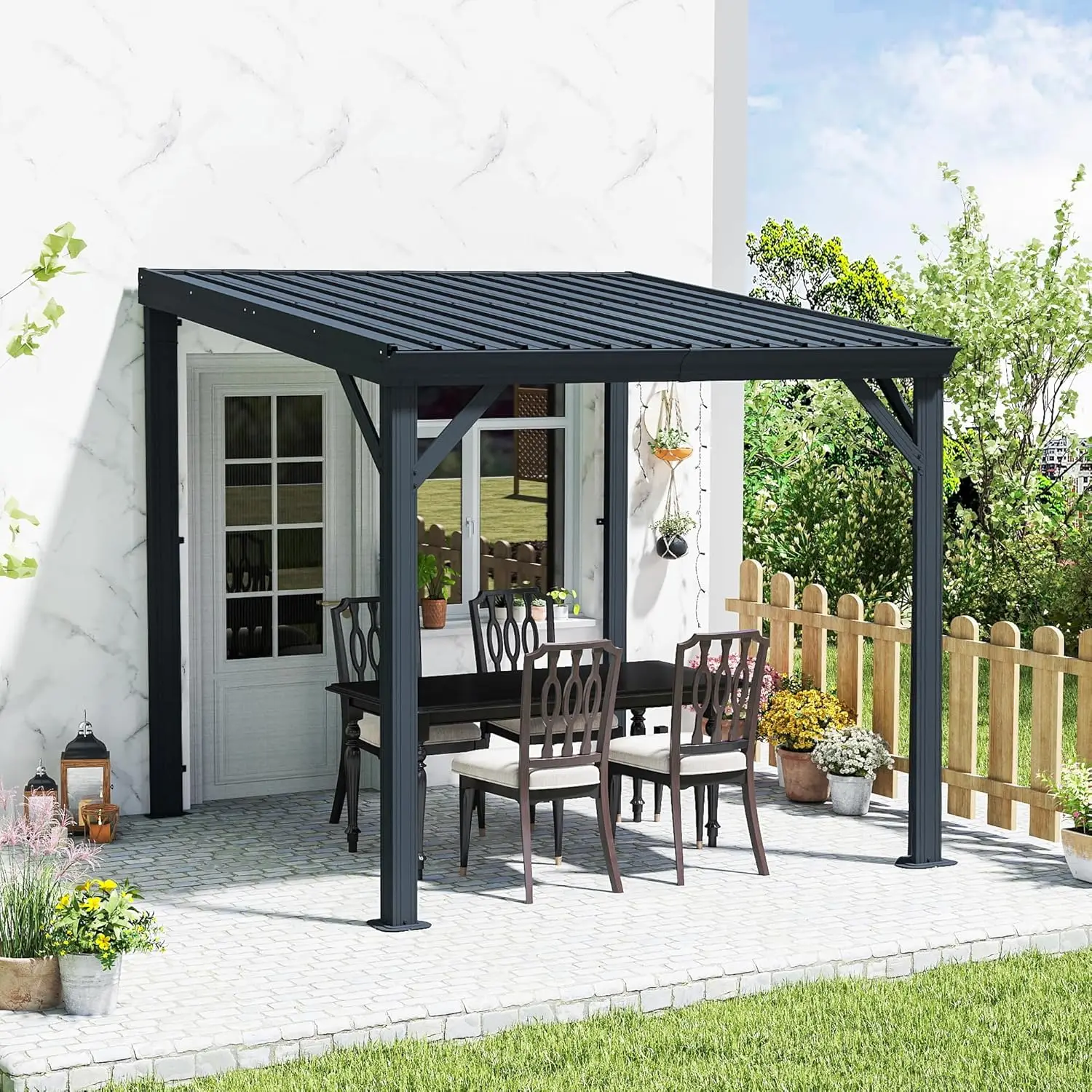 8' X 8' Lean To Gazebo, Wall Mounted Gazebos Pergola with Built in Drainage System, Galvanized Steel Roof, Hardtop Patio Shelter