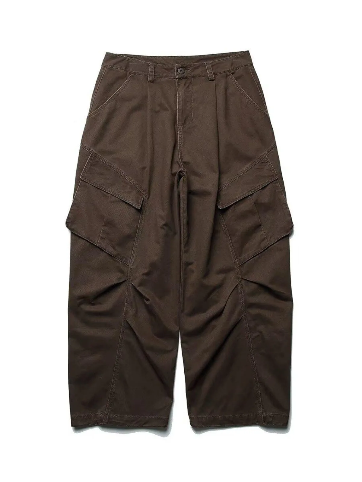 Japanese New Retro Trendy Wide Leg Pants Unisex Brown Cargo Trousers with Big Pockets  Loose Straight Casual Work Pants