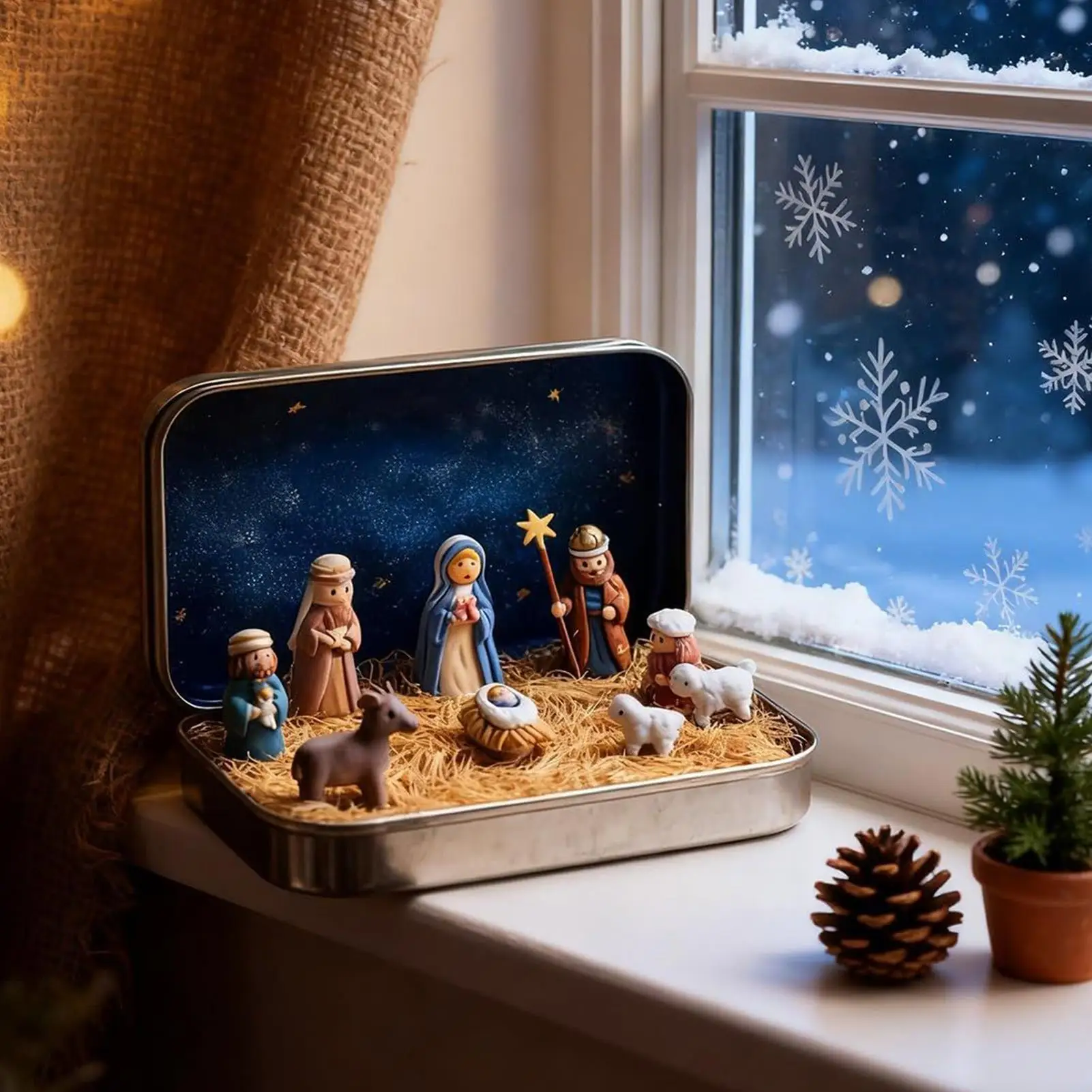 Tin Box Nativity Set Portable Mini 3D Holy Figurines Religious Ornament Christmas Holy Family Decoration For Desk Shelf Office