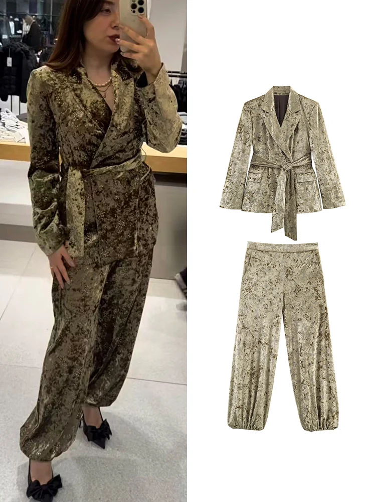 

Новый женский пиджак и брюки, модный элегантный костюм с поясом, пальто, широкие брюки-лодочки, винтажный бархатный женский вечерний клубный костюм