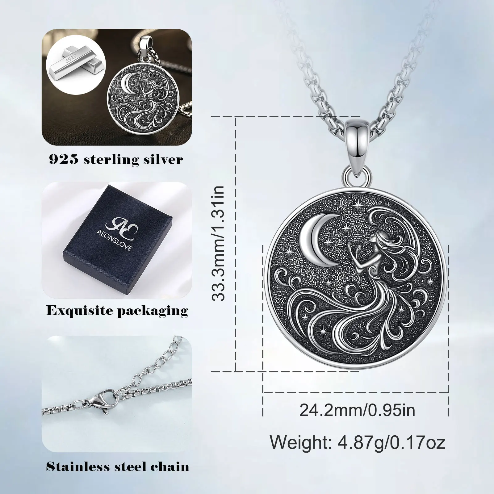 AEONSLOVE 925 Sterling Silver NYX Moon Goddess Necklace Celestial Moon Phase Pendant Wicca Jewelry Spiritual Amulet for Women - view 2