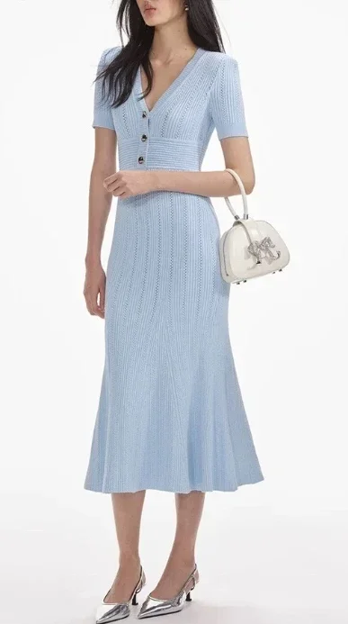 

Elegant Blue Color High Quality Short Sleeve V-neck Elastic Women Knit Midi Mermaid Dress