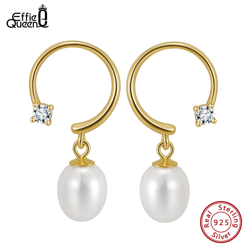 

Effie Queen 925 Sterling Silver Natural Freshwater Pearl Earrings with AAAA Zirconia for Women Anniversary Eardrop Jewelry GPE43