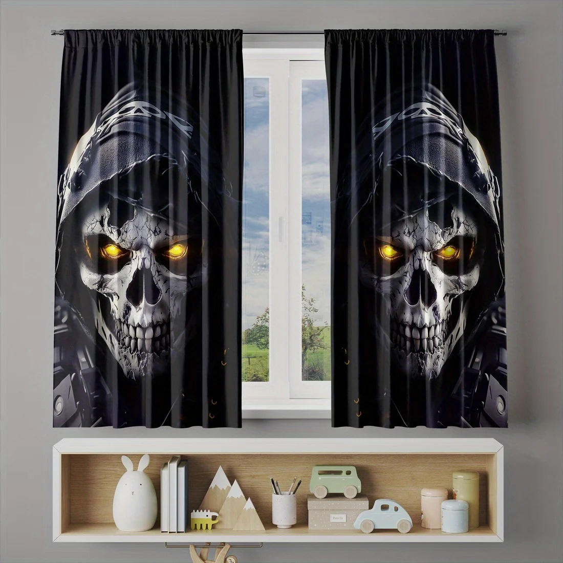 2 Panels Skull Printed Curtains Grim Reaper Hooded Skeleton Blackout Drapes for Living Room Bedroom Halloween Home Decor