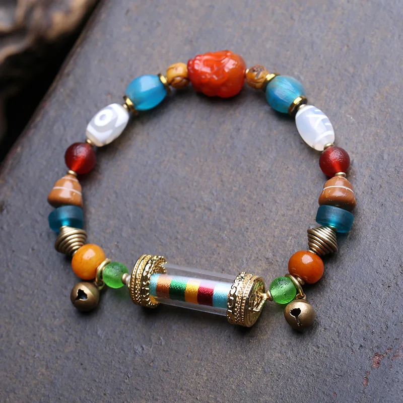 Tibetan-Style Multicolored Lucky Bead Bracelet Featuring Yak Bone Precious Stones, And A Red Agate Pi Xiu Charm