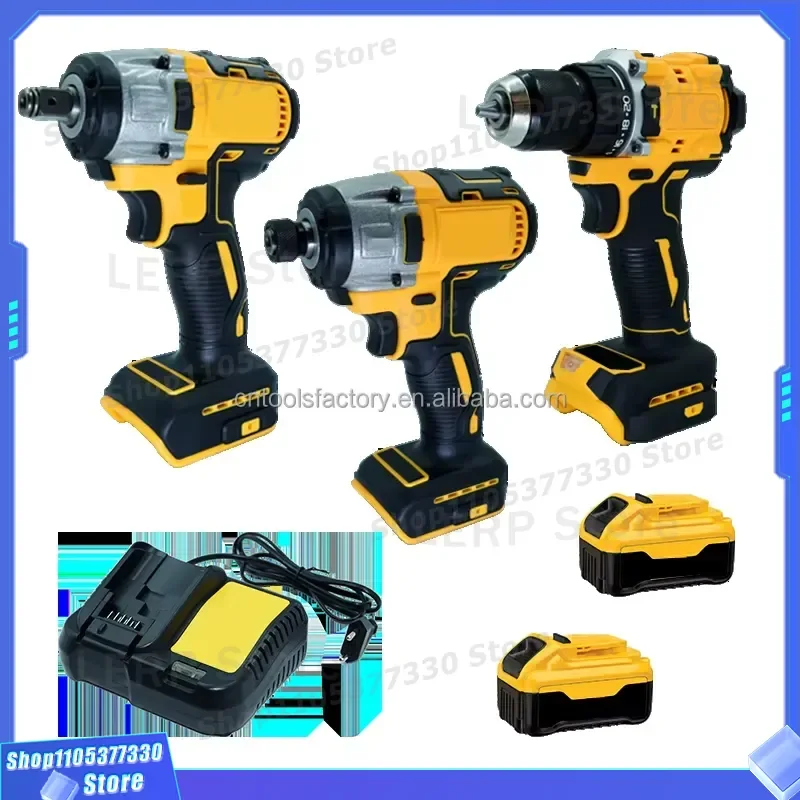 20V Brushless Cordless Power Tool Set 3 Piece Impact Wrench Electric Screwdriver Drill Kit With 6.0Ah Battery And Charger For