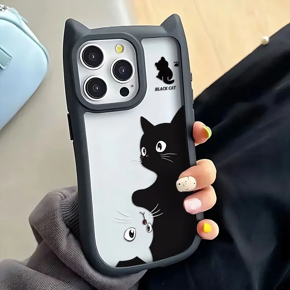 แมวดําน่ารักแมวน่ารักหูแมวสําหรับiPhone 16 15 14 13 12 11 Pro Maxโปร่งใสอะคริลิคซิลิโคนกันชน