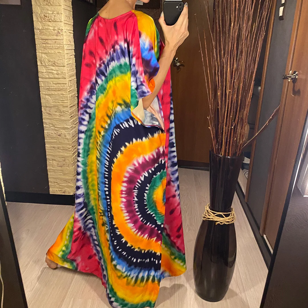 2026 Neues Buntes Kaftan-Tunika Strandkleid Strandmode Strandüberwurf Locker Sitzendes Maxikleid für Damen V4428 – Detail 6