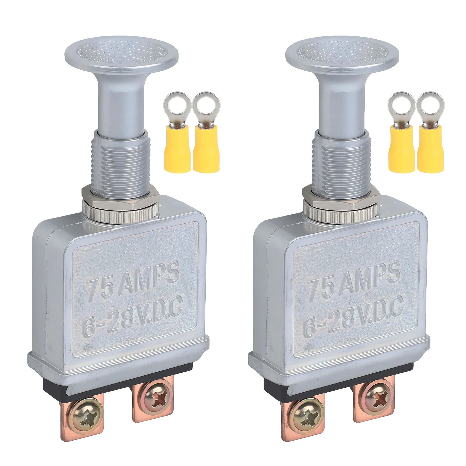 

2PCS Push Pull Switch 75A 2Pos 6-28V DC On Off Silver Plated Body with 4 Yellow Terminals For Off Road Trucks Automotive