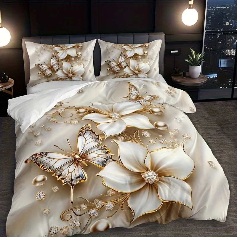 Butterflies, lilies, flowers Bedding Set,  Duvet Cover, Queen with Pillowcase, 3D, Children's