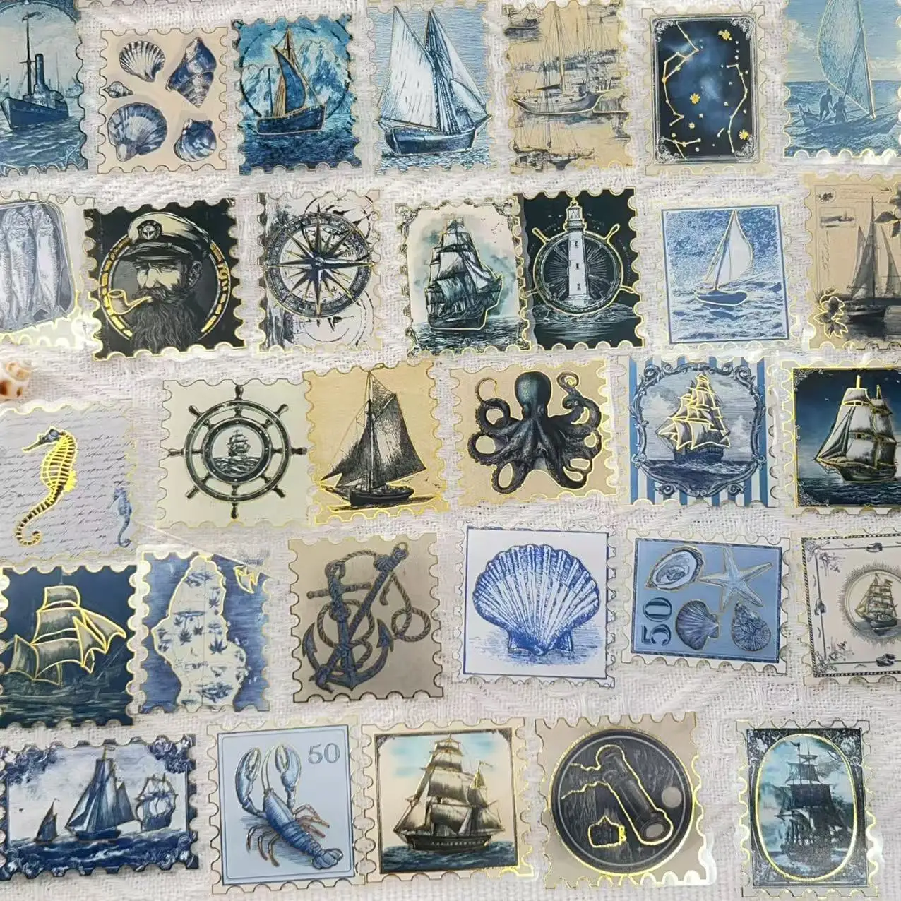 50Pcs/Set  Nautical Stickers Vintage Ocean Marine Postage Stamp PET Waterproof Stickers Sailboat Anchor Lighthouse Decals Gifts