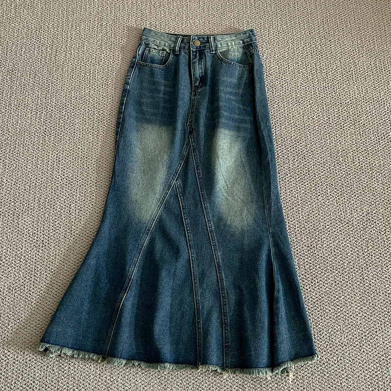 

Осенняя женская джинсовая юбка «рыбий хвост» с высокой талией, потертая американская модная женская винтажная тонкая юбка с разрезом по краям