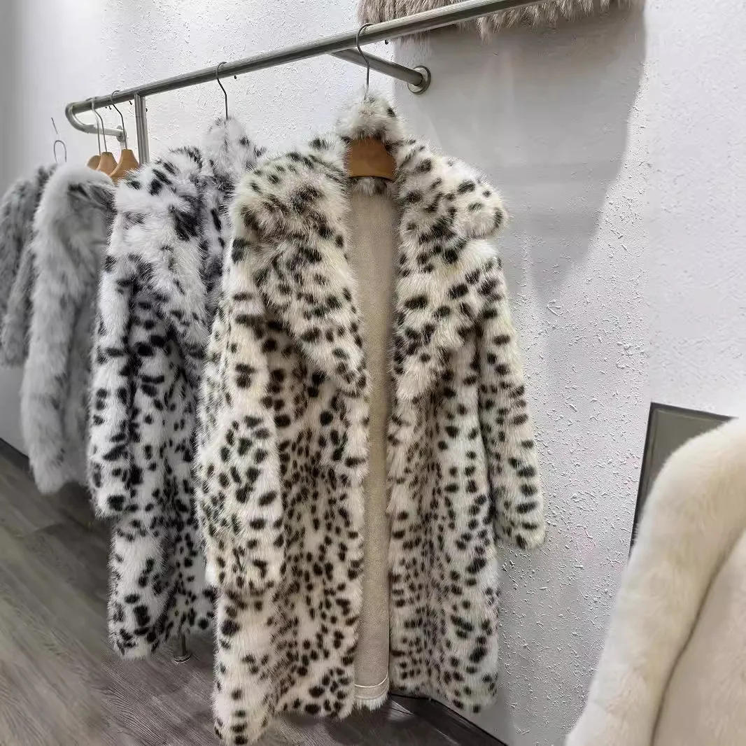 Women Faux Mink Fur Coat Solid Long Fur Jacket Leopard Print Pocket Turn Down Collar Long Sleeve Thick Casual 2026 Autumn Winter