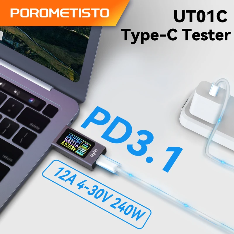 UT01C 4V-30V 12A Type C Tester Voltmeter Ammeter TYPE-C Fast Charge Detection Trigger Capacity Measurement Ripple Measurement
