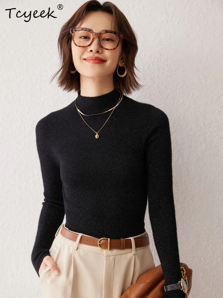 

Tcyeek, 14G 100%Pure Cashmere Sweaters, Women Long Sleeve Mock Neck, Fashion Casual Commute Tops, 2024 Autumn Winter T48887QM