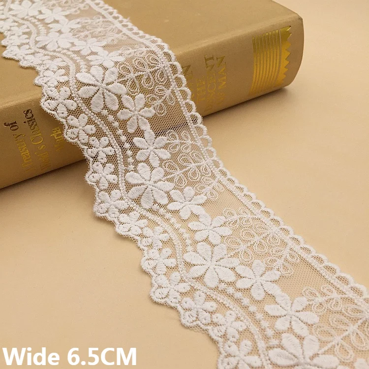 6.5CM Wide Exquisite White Mesh Cotton Embroidered Flowers Lace Ribbon Wedding Dress Collar Curtains DIY Apparel Sewing Crafts