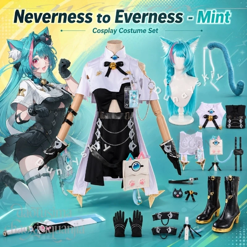 Disfraz de Cosplay de Anime Game Neverness To Everness, Vestido Sexy Kawaii Color Menta, Orejeras Peludas, Pelucas, Zapatos, Accesorios 3D de Ácido Poliláctico, Set Completo