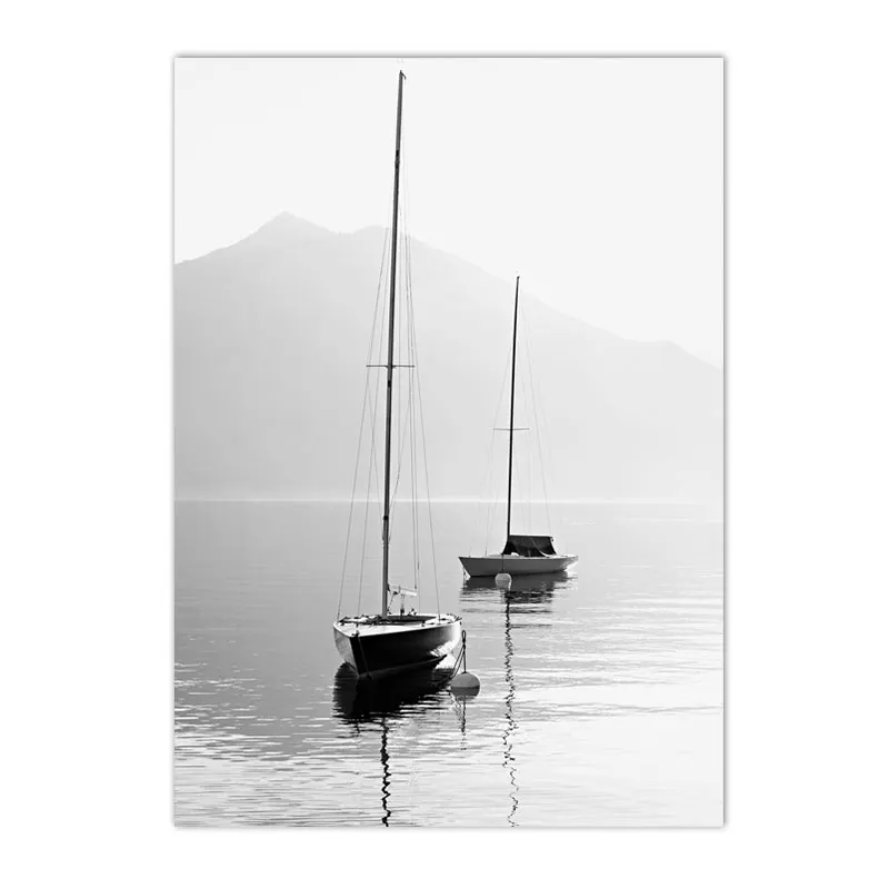 Black And White Canvas Painting Mountain Lake Boat Bridge Wall Art Print Landscape Poster Nordic Wall Art Pictures Bedroom De