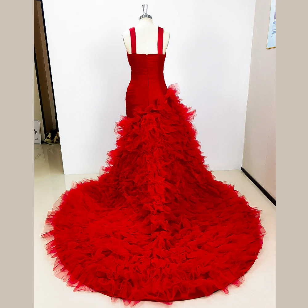 Red Layered and Pleated Evening Dress With Train New Fashion Female Floor Length Party Prom Ball Gowns