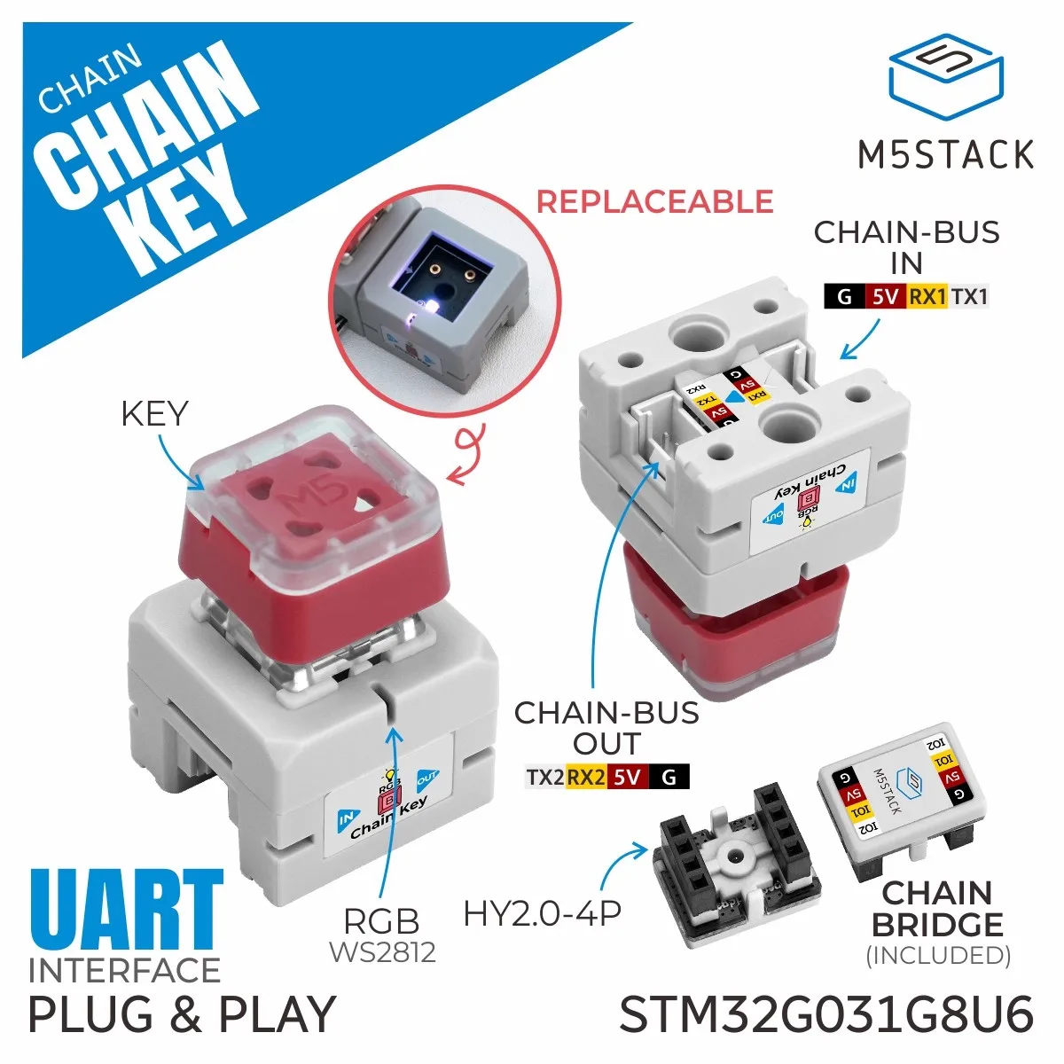 

Цепной ключ M5Stack, одиночный ключ, использует дизайн механической клавиатуры с возможностью горячей замены и синей оси.