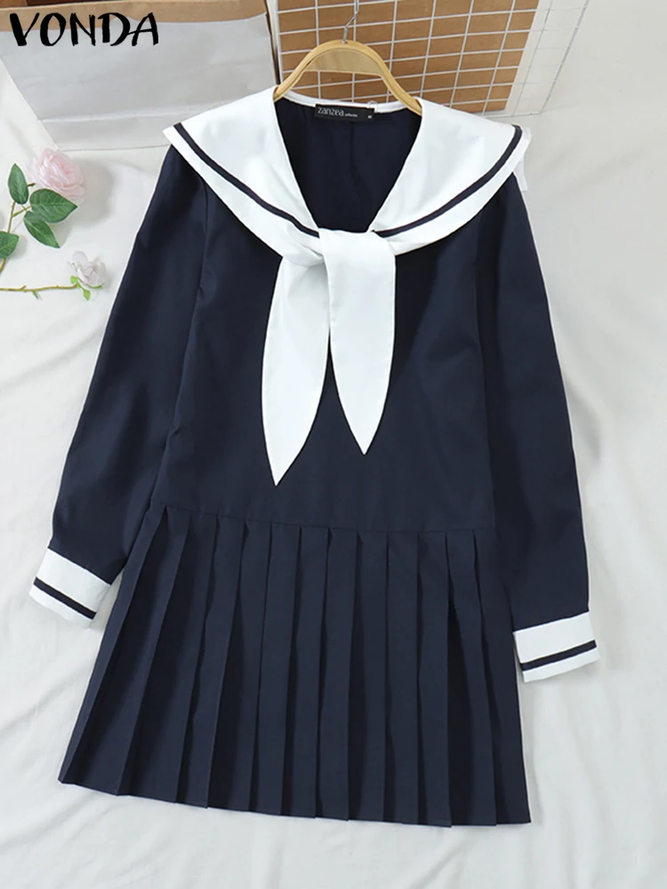 

VONDA женское платье с матросским воротником, летнее однотонное мини-сарафан 202, повседневное пляжное платье с рукавами-фонариками, Vestidos Femme Robe Oversize