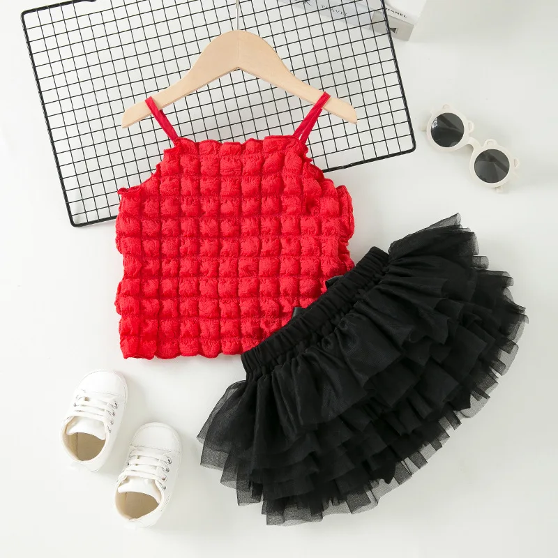 

Children's Clothing Wholesale Baby Summer Fashionable Bubble Plaid SuspendersTT-shirt, Bottoms, Skirt Set Baby Holiday Outfit