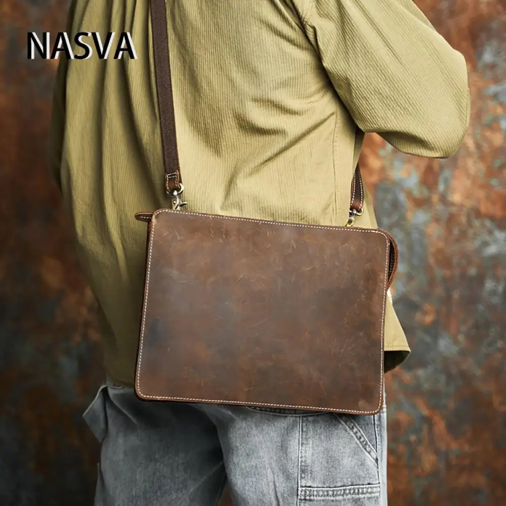 NASVA Genuine Leather Men's Shoulder Bag Retro Casual Crossbody Large Capacity Envelope Bag For 12.9'' Ipad