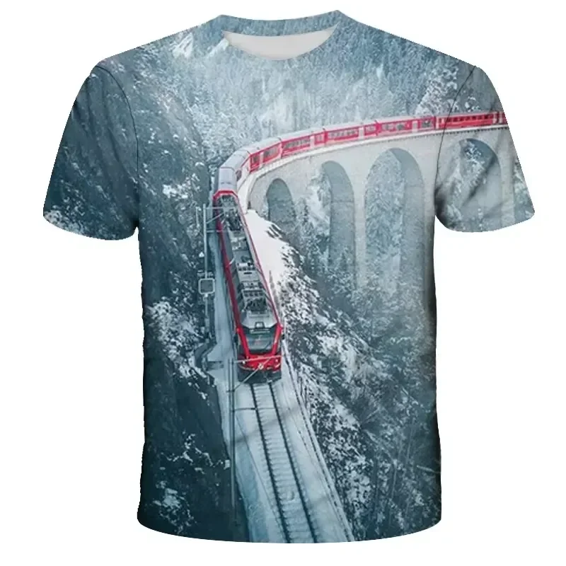 Men T Shirt Retro Train Engine Pattern Printed Round Neck Short Sleeve Street Fashion Cool Plus Size Top Summer New Casual