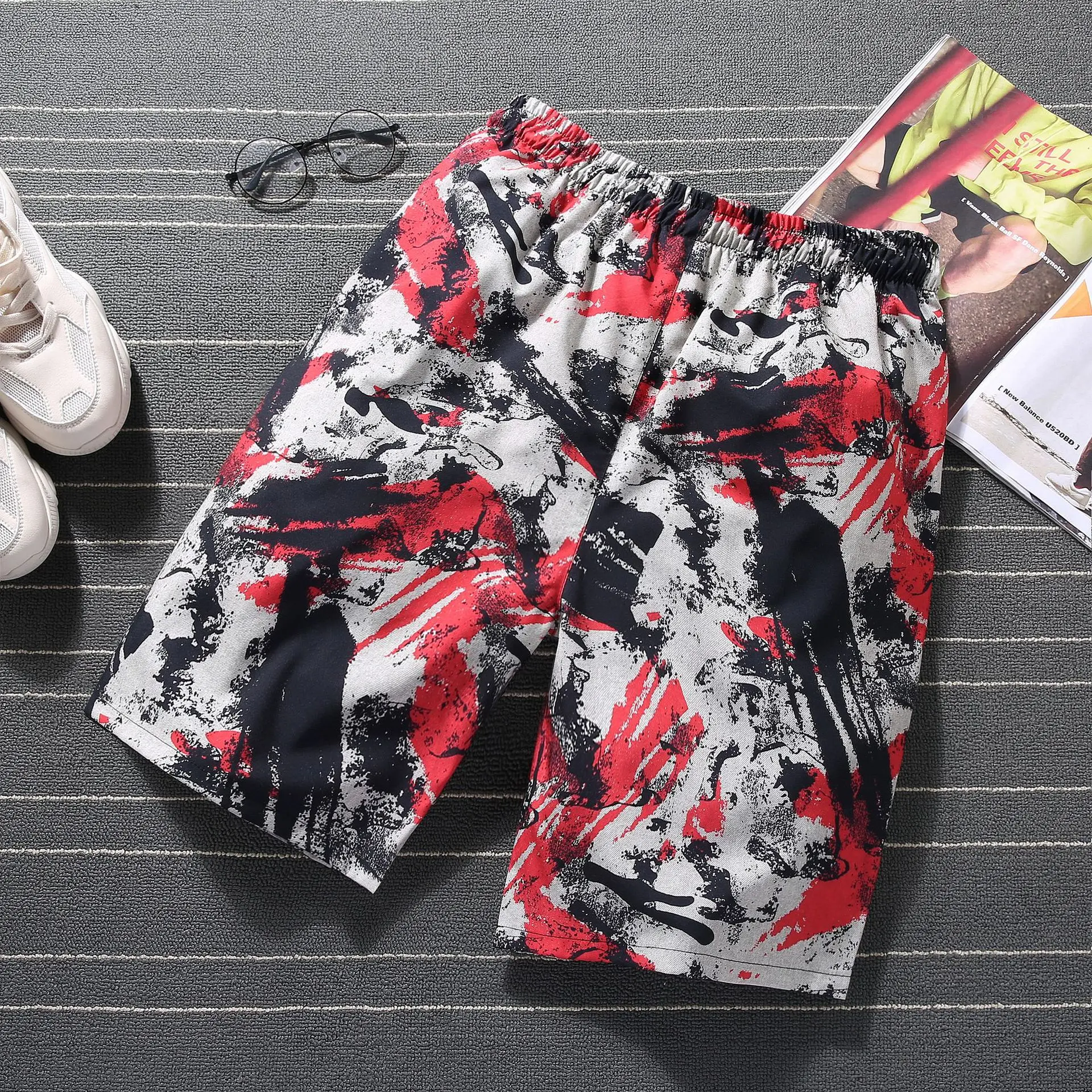 

Men Casual Beach Shorts Loose Print Knee Length Trousers Male Breathable Hip Hop Fashion Harajuku Elastic Waist Men's Shorts10XL