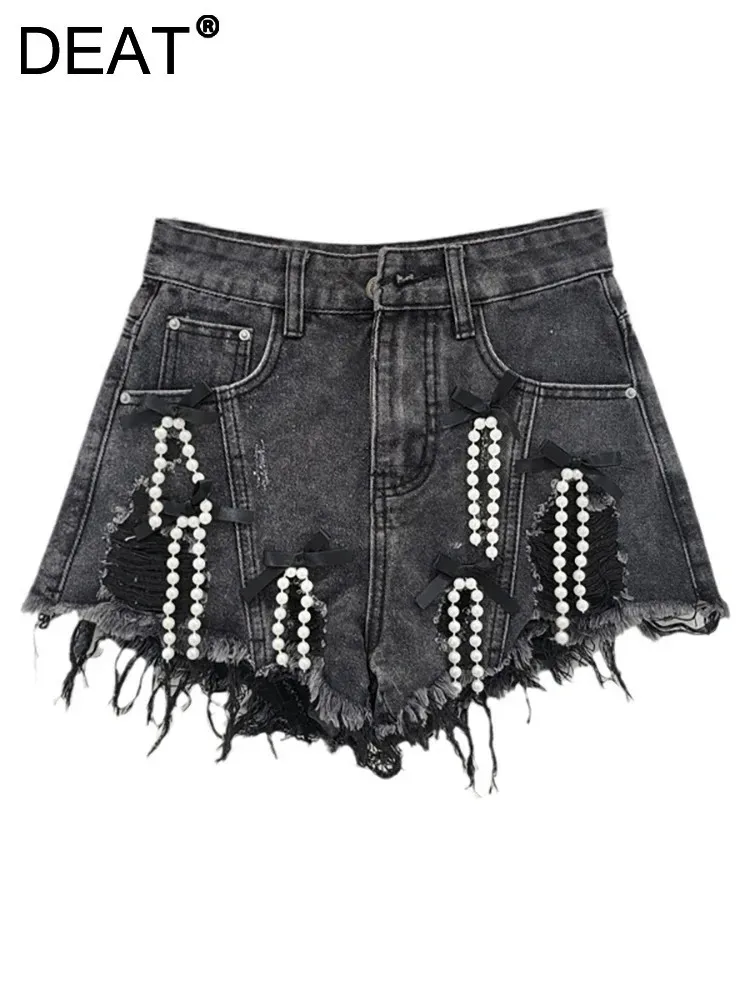 

DEAT Women's Denim Shorts High Waist Wide Leg Burrs Edge Pearls Tassel A-line Short Pants Autumn 2024 New Fashion 29L7863