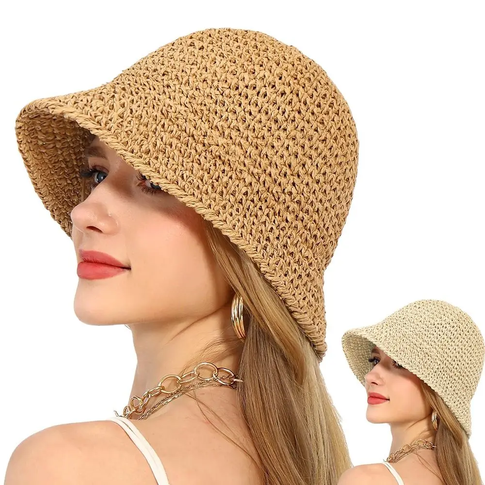 Fashion UV Protection Straw Bucket Hat Foldable Hand Weaving Outdoor Sunshade Cap Breathable Fisherman Hat for Women Beach