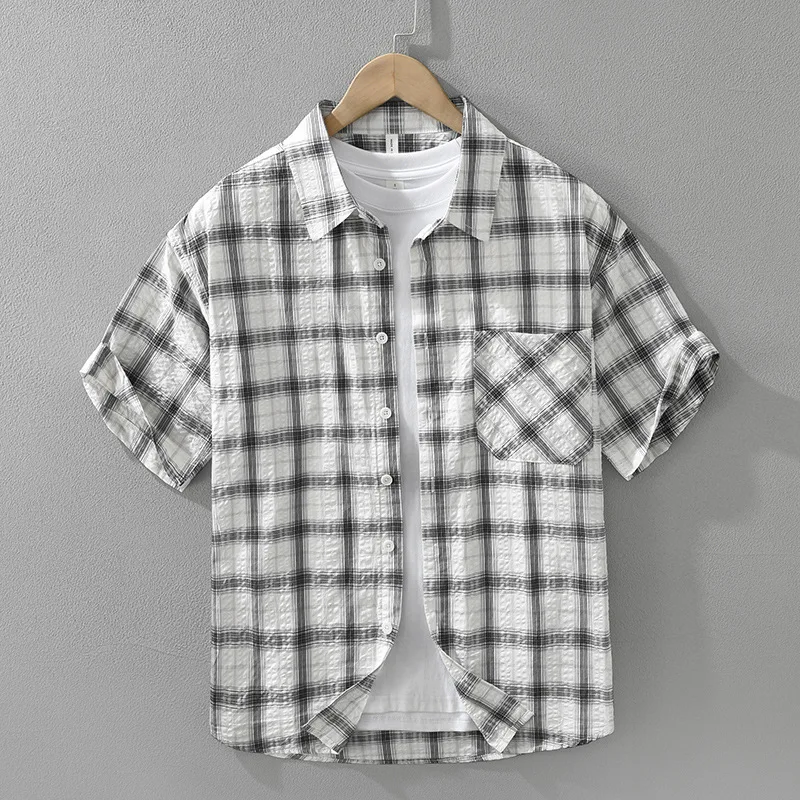 

2025 Summer Japanese retro checkered short sleeved shirt for men, fashionable and versatile, artistic and casual loose top