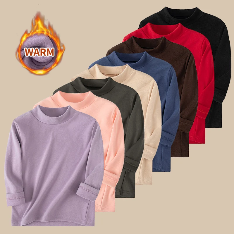 

Осенне-зимняя детская простая и универсальная однотонная теплая рубашка с высоким воротником из 3/4, футболка для мальчиков и девочек
