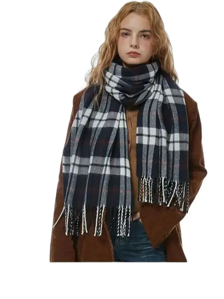 

Fashion Woman Imitation Cashmere Vintage Contrast Scarf Winter Literature Keep Warm Plaid Tassel Long Casuals Comfortable Scarf