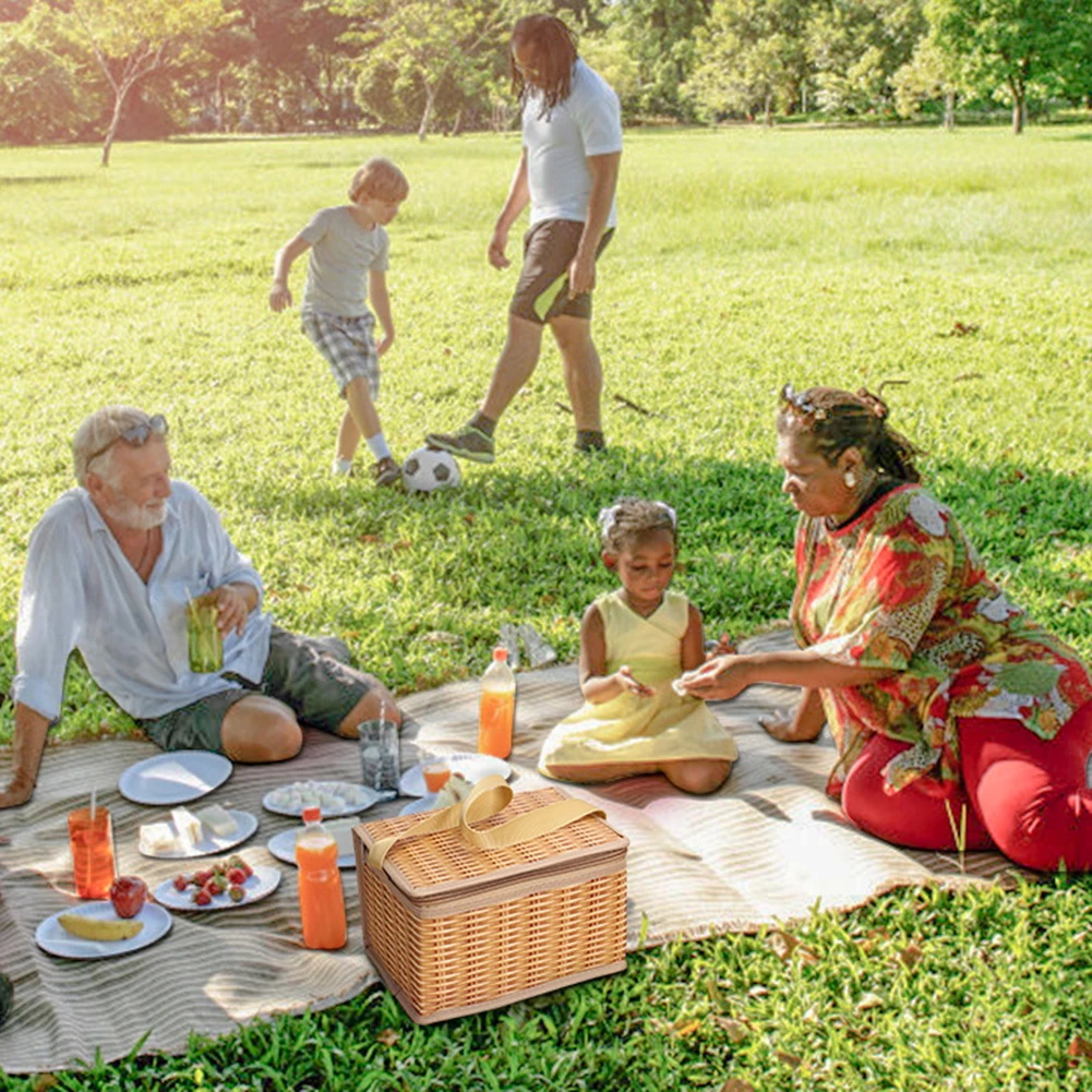 Saco de piquenique ao ar livre de vime portátil à prova dwaterproof água utensílios de mesa isolado refrigerador térmico cesta recipiente de alimentos para acampamento em casa