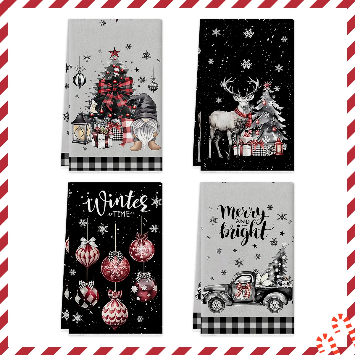 2/4pcs Christmas Kitchen Towels, Black Ball Carrying and Dwarf Farmhouse Christmas Tree Truck Pattern Dishcloths,