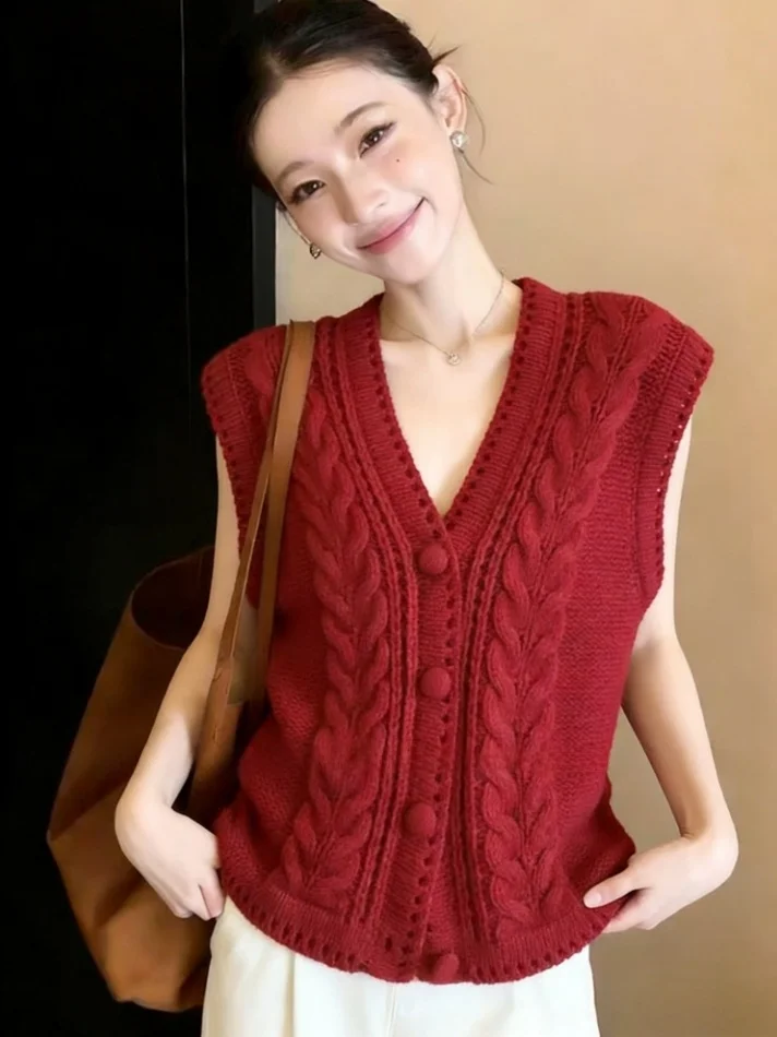 

Spring New Sle Retro Red Twist V-ne Knitted Vest Women's Svel Top Cardigan Faionable Layering Autumn Winter