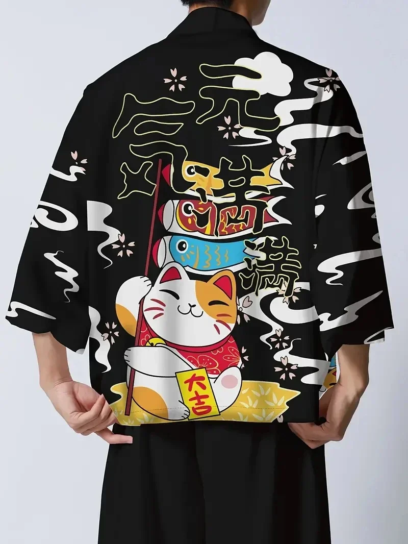 3D Printed Kimono Cardigan Mens Japanese Lucky Cat Sakura Daruma Open Front Short Sleeve Loose Streetwear Vintage Harajuku