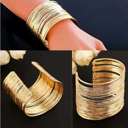 Punk Multilayer Strings Bracelet Zinc Alloy Wire Opening Cuff Bangle For Women Glittering Wrap  Open