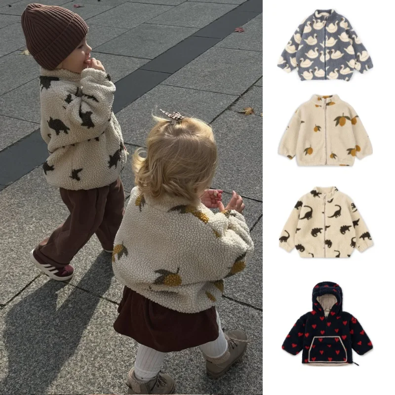 Children\'s Jackets 2024 Fall And Winter Fashion Cartoon Lamb Wool Girls Jacket Cotton Warm Cute Boys Coat Children\'s Clothing