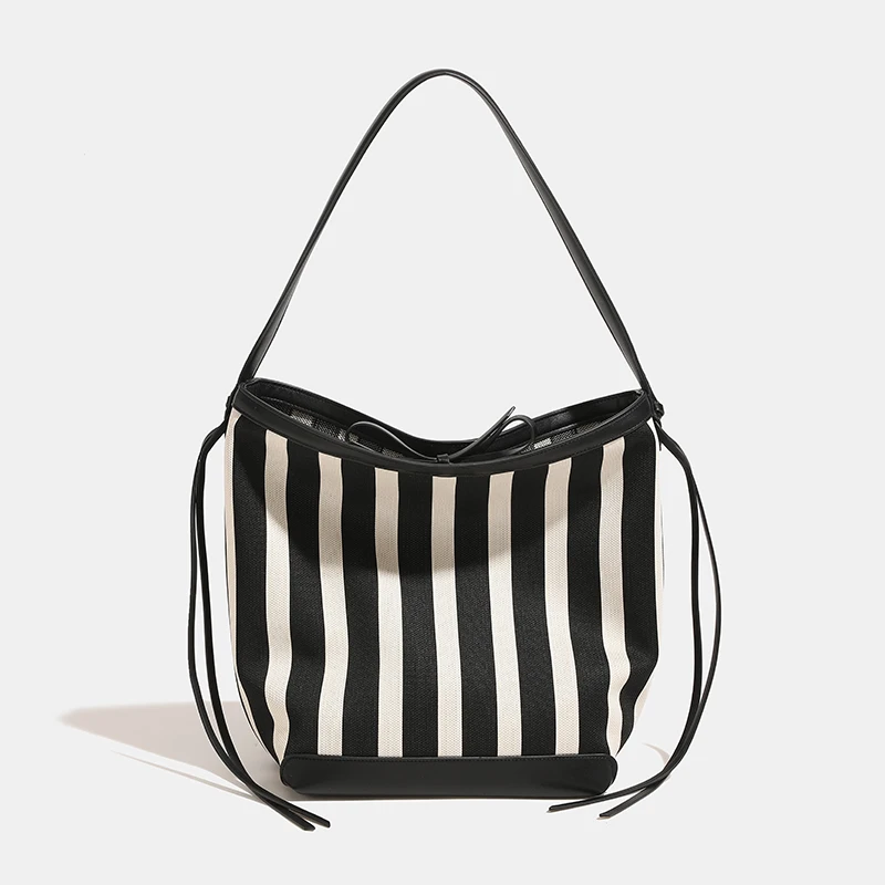 Canvas Mesh Composite Bucket Bags For Women Luxury Designer Handbags And Purses 2024 New In Fashion Stripe Underarm Shoulder