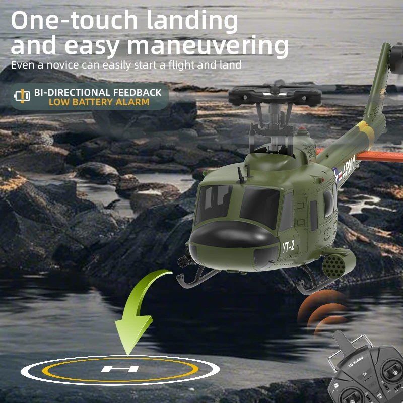 Yuxiang F07 1:34 UH-1 HUEY Schaal 2.4G 6CH Hoogte Hold Optische Stroom Positionering Dual Borstelloze Motor RC Helicopter