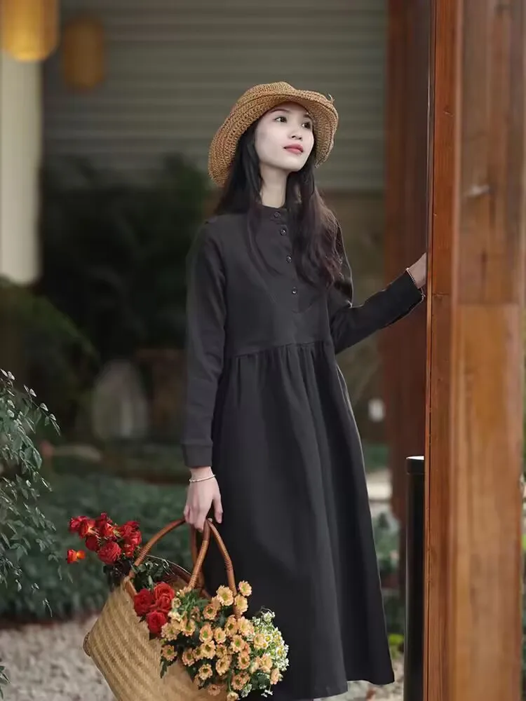 Vestido camisero de algodón negro Vintage 2025, nuevo otoño, cuello levantado, cintura alta, suelto, manga larga, Maxi vestidos femeninos F23