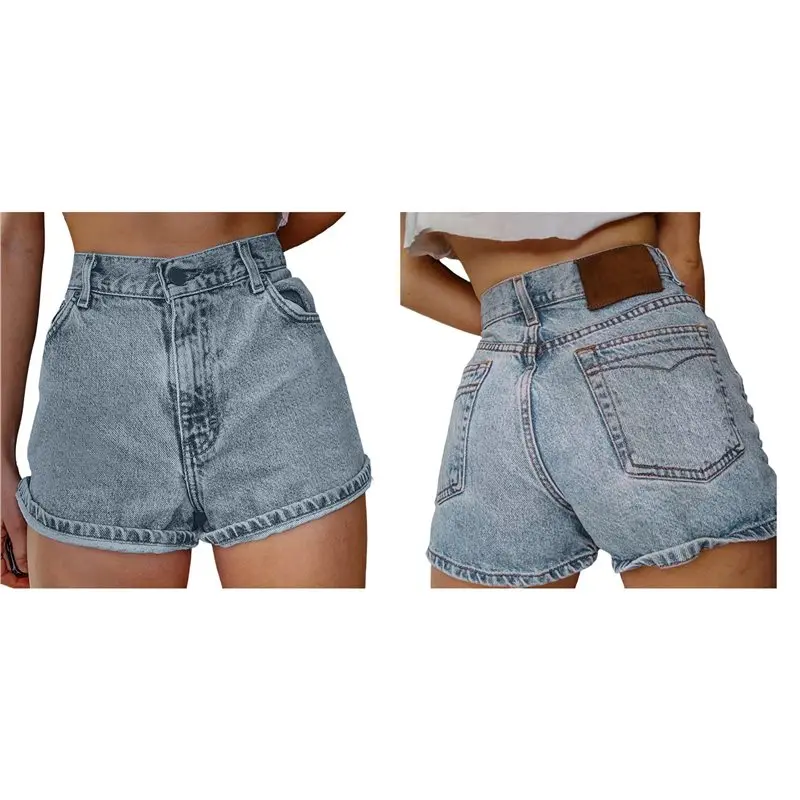 NEW-Womens High Waist Embroidered Denim Shorts Light Blue Version L