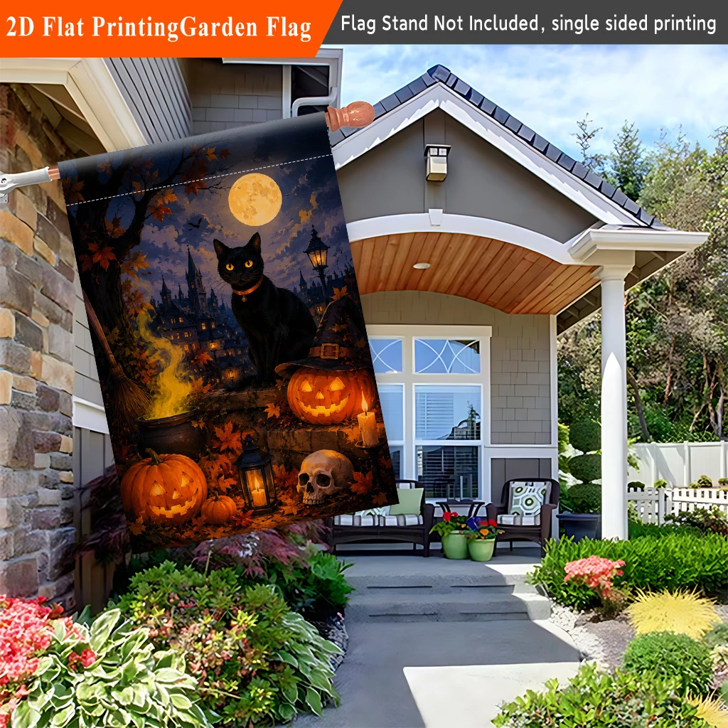 1pcs Vintage Halloween Garden Flag Black Cat Pumpkin Spooky Castle Night Scene Fall Outdoor Yard Flag Single Sided
