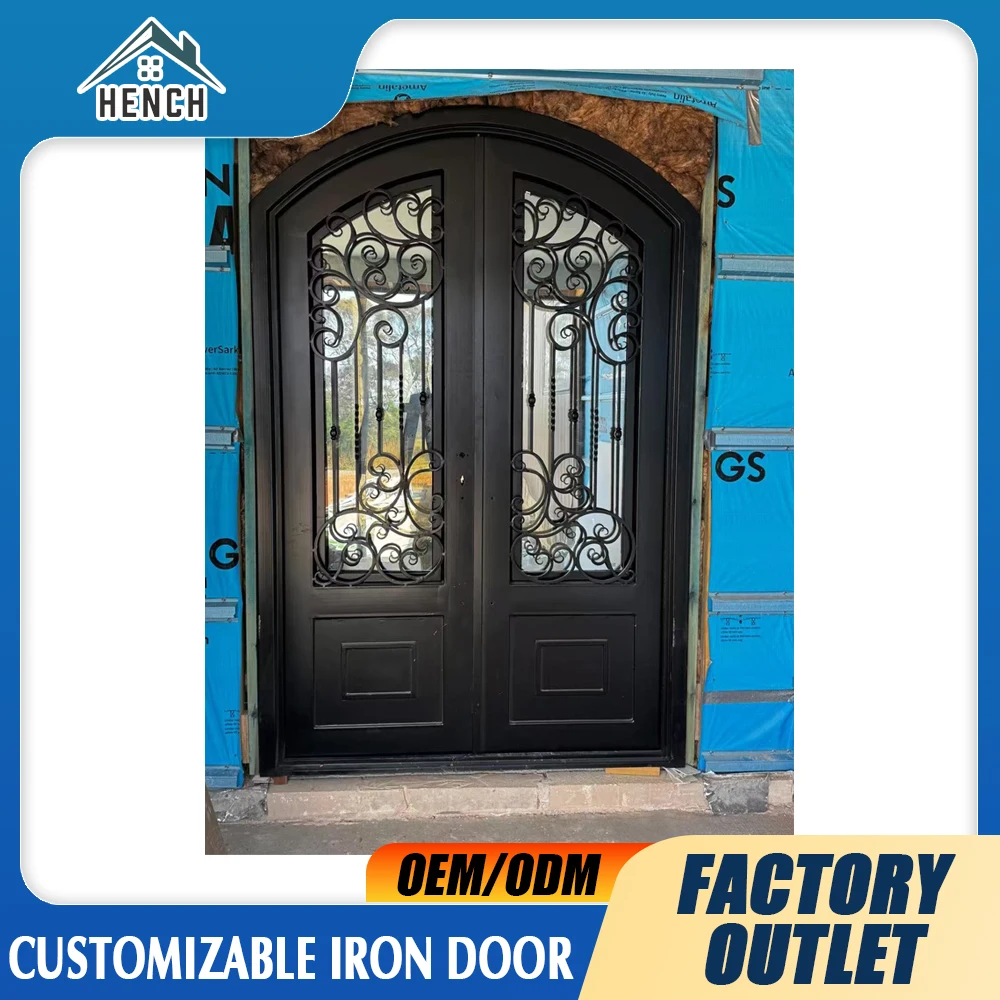 Fire Rated Modern Wrought Iron Double Doors Safety Glass