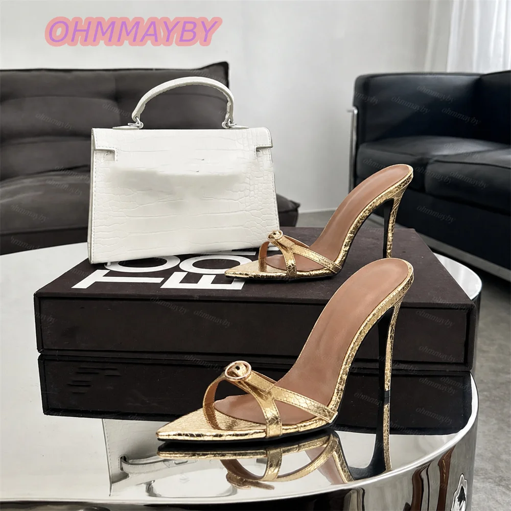 Women Gold Metallic Slippers Open Toe Stiletto High Heels Slip On Toe Ring Buckle Strap Party Evening Wedding Dress Shoes Prom view 5
