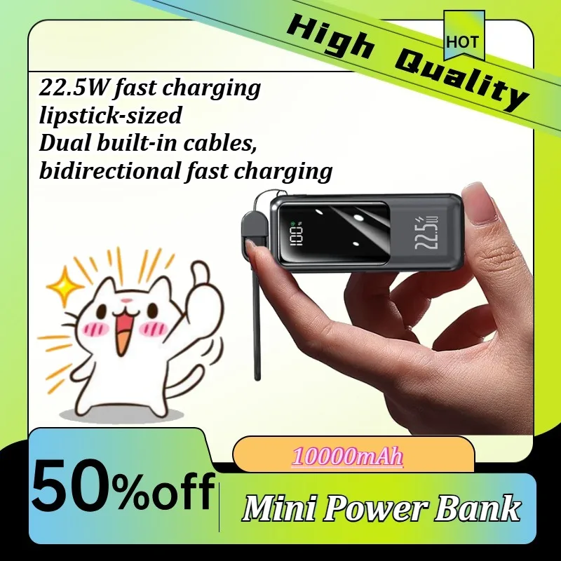 Mini Power Bank 10000mAh with Built-in Type-C and Apple Cables, Compact and Portable, Dual Fast Charging Mobile Power Supply