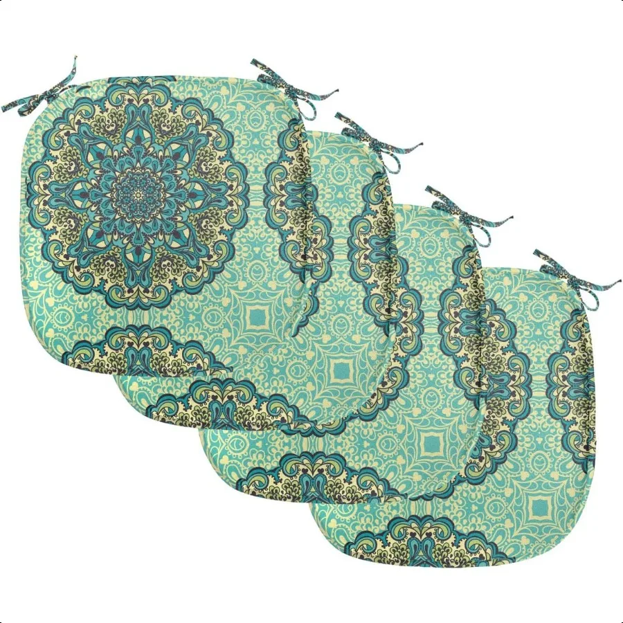 

Ethnic Chair Seating Cushion Set of 4 Abstract Flower Arrangement Mandala Style Nature Elements Vibrant AntiSlip Seat Padding f