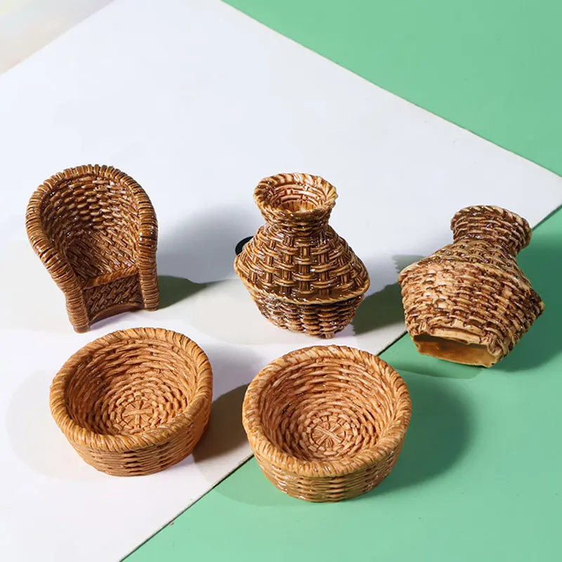 Handmade Bamboo Rattan Chair Dustpan Vegetable Food Storage Basket Hand-woven Set Dollhouse Miniature Decoration DIY Crafts